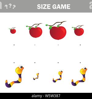 Jeu éducatif enfants correspondants. Match de cartoon worm et Apple à la taille. Activité pour les enfants à l'école d'avant et les tout-petits. Illustration de Vecteur