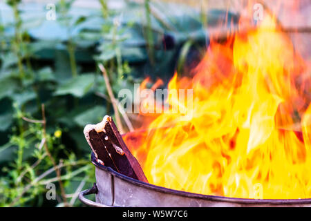 La fin d'un morceau de bois cassé, collant à partir d'un incendie dans un incinérateur, un jardin avec du liquide mousseux blanc en sortir en raison de la chaleur Banque D'Images