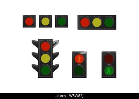Ensemble de feux de circulation pour les voitures et piétons. Rouge, jaune et vert. Vector illustration. Vertical, Horizontal. Illustration de Vecteur