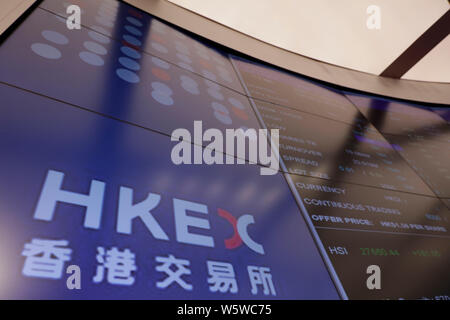 --FILE--Vue d'un écran à la Bourse de Hong Kong (HKEX) à Hong Kong, Chine, le 26 septembre 2018. Le Shanghai, Shenzhen et Hong Kong stock exchang Banque D'Images