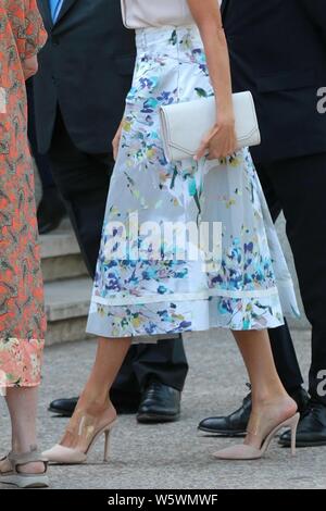 Madrid, Espagne. 30 juillet 2019. Letizia d'Espagne visite la Bibliothèque nationale à Madrid, est reçu par le ministre de la Culture José Guirao et le directeur de l'Ana Santos Bibliothèque. La Bibliothèque nationale d'Espagne il a été fondée par Philippe V jusqu'à la fin de 1711 et a ouvert ses portes en mars 1712 que le Royal bibliothèque publique. Livres imprimés en Espagne doivent déposer un exemplaire pour plus de sécurité. En 1836, la Bibliothèque a cessé d'être la propriété de l'état et est arrivé à dépendent du Ministère de l'intérieur, et a reçu pour la première fois le nom de bibliothèque nationale. Dpa : Crédit photo alliance/Alamy Live News Banque D'Images