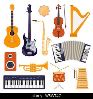 Jeu de vector design plat moderne des instruments de musique et d'outils. Synthétiseur, guitare, violon, violoncelle, tambour, cymbales, saxophone, accordéon, tambourin tr Illustration de Vecteur