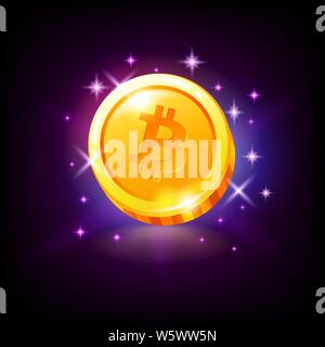 Bitcoin Gold coin satoshi avec sparkles, devise crypto pour le casino en ligne l'icône de l'emplacement ou le logo pour téléphone portable de jeu sur fond violet foncé, vector Illustration de Vecteur