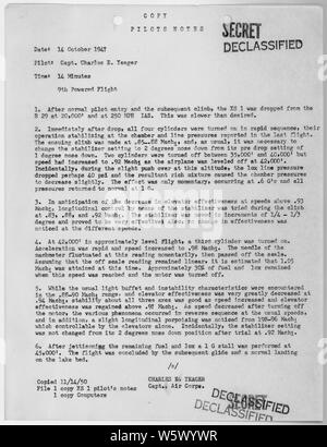 Notes du pilote à partir de la neuvième vol propulsé de la XS-1 ; Portée et contenu : notes de vol du Capitaine Charles Yeager pour le premier vol supersonique. Yeager a volé le XS-1, un avion expérimental à l'essai à l'aérodrome de Muroc, dans le désert californien. Banque D'Images