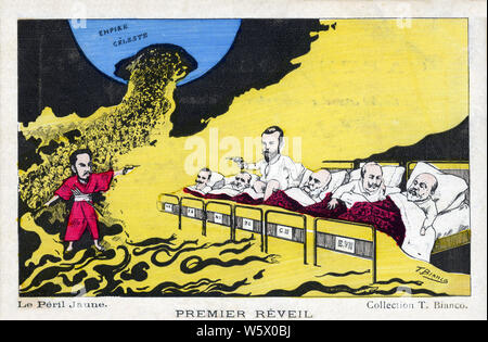 [ 1900 - Japon guerre russo-japonaise, caricature satirique ] - Peril-The jaune premier éveil : un dessin animé ca 1904-1905 par illustrateur satirique T. Bianco commentant la guerre russo-japonaise (1904-1905). L'image met en garde contre ce qui était considéré comme les dangers du péril jaune. Sur la gauche est l'empereur Meiji du Japon de braquer une arme sur le Tsar Nicolas II de Russie qui a conscience de ce danger. D'autres dirigeants occidentaux se sont endormis, inconscients de la menace c'est empiéter sur eux. 20e siècle vintage carte postale. Banque D'Images