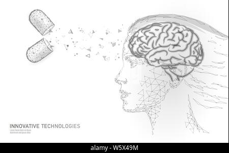 Traitement du cerveau low poly 3D render. Nootropique médicaments stimulant la capacité humaine smart de la santé mentale. Médicament La réadaptation cognitive dans la maladie d'Alzheimer Illustration de Vecteur