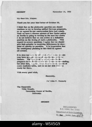 Le président Kennedy lettre au maire Willy Brandt 14 Novembre, 1962 ; Portée et contenu : Lettre du Président John F. Kennedy pour maire Willy Brandt concernant Berlin. Banque D'Images