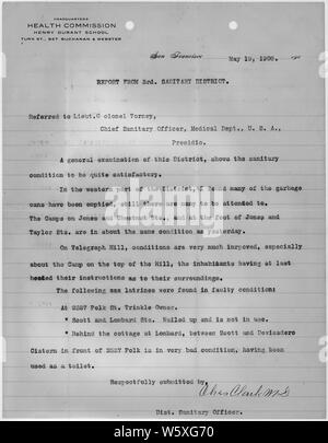 Rapport du troisième district sanitaire, San Francisco par agent sanitaire de district Charles Clark, MD, visée à lieutenant-colonel G.A. Torney, chef de l'agent sanitaire, médicale Dept (États-Unis), Presidio. ; la portée et contenu : Ce document s'applique à la réponse fédérale à la tremblement de terre de San Francisco de 1906 et l'incendie. Banque D'Images