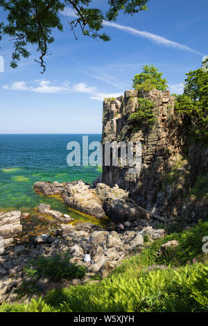 Des formations rocheuses escarpées de Helligdomsklipperne, près de Gudhjem, Bornholm, mer Baltique, Danemark, Europe Banque D'Images