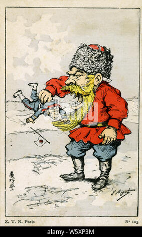 [ 1900 - Japon Illustration satirique de la guerre russo-japonaise ] - illustration satirique de la guerre russo-japonaise (1904-1908). Un géant russe est d'attraper un soldat japonais midget l'abandon de la drapeau japonais. Illustration par l'artiste français et caricaturiste Georges Bigot (1860-1927) publié par Z.T.N. Paris. 20e siècle vintage carte postale. Banque D'Images