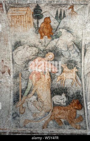 Italie Piémont Romagnano Sesia Abbaye Bénédictine de San Silano (San Silvano) cave de fresques de saints - David brouté son troupeau et tué les bêtes qui l'a attaqué Banque D'Images