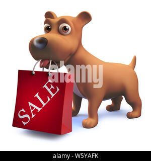 3d Cute puppy dog personnage portant un sac shopping en vente sa bouche, illustration 3D render Banque D'Images