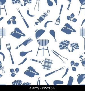 Modèle sans couture avec grill et barbecue outils, de la nourriture. BBQ party background. Pour la conception de carte de parti, bannière, affiche ou imprimer. Illustration de Vecteur