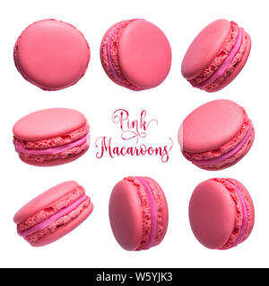 Jeu de gâteaux macarons français rose isolé sur fond blanc. Banque D'Images
