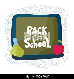 Carte scolaire vecteur avec télévision et doodle illustrations et lettrage dessiné à la main sur un tableau noir devis tube à essai et Apple. Retour à l'école. Illustration de Vecteur