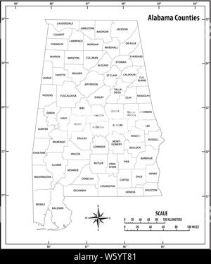 Aperçu de l'état de l'Alabama et politique administrative carte vectorielle en noir et blanc Illustration de Vecteur