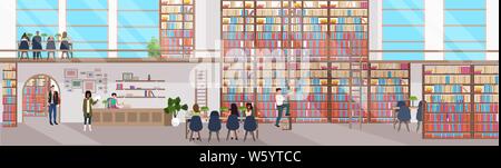 Mélanger les gens à lire des livres de course hommes femmes visitant librairie avec étagères bibliothèque moderne intérieur plate horizontale bannière pleine longueur Illustration de Vecteur