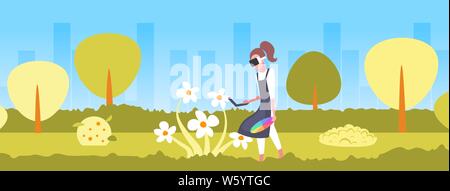 Femme portant des lunettes 3d contrôleur de portefeuille avec la palette de peintre de fleurs en dessin grâce à la réalité virtuelle augmentée casque Illustration de Vecteur