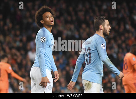 MANCHESTER, ANGLETERRE - 19 septembre 2018 : Leroy Sane de ville en photo au cours de l'UEFA Champions League 2018/19 Groupe F match entre la ville de Manchester (Angleterre) et l'Olympique Lyonnais (France) au stade Etihad. Banque D'Images