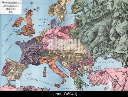 Imprimer montre une carte de l'Europe au moment de la Première Guerre mondiale, avec chaque pays décrits comme des caricatures de leurs militaires, les attitudes, ou les douanes, dans certains cas comme des civils ou des animaux, par exemple, l'Angleterre est représentée par un officier de l'armée à cheval sur un petit bulldog avec un serpent venimeux frappant par derrière, aussi avec de nombreux navires dans le remorquage ; Banque D'Images