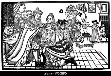 Maison de bienvenue du Prince Charles d'Espagne, 1623. Le prince Charles (1600-1649: Plus tard Chales I) accueilli par son père, James I (1566-1625), à son retour de l'Espagne. Le match espagnol était un mariage proposé entre le Prince Charles, fils du roi James I de Grande-Bretagne, et Infanta Maria Anna d'Espagne, fille de Philippe III d'Espagne. Banque D'Images