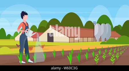 La productrice à l'aide jardinier arrosoir en uniforme l'arrosage des plantes jardinage récolte plantation agricole agriculture écologique des terres agricoles concept Illustration de Vecteur