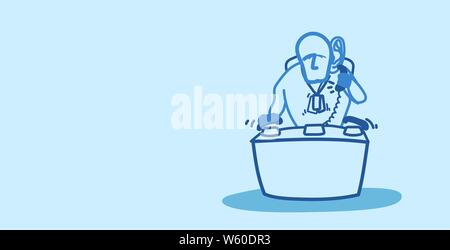 Fatigué businessman sitting at travail et répondre à plusieurs téléphones homme triste opérateur du centre d'appels processus laborieux du croquis surmenage doodle Illustration de Vecteur