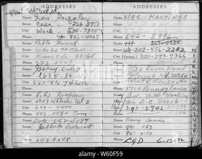 Carnet d'adresses de Watergate cambrioleur Bernard Barker, découvert dans une chambre à l'Hôtel Watergate, 18 juin 1972 ; la portée et contenu : Ce carnet d'HH, listes initiales de Howard Hunt, un conseiller de la Maison Blanche. Après avoir confirmé que le numéro de téléphone indiqué ici était en effet à la Maison Blanche, le FBI liée l'affaire Watergate break-in à la Maison Blanche pendant l'enquête premières heures. Notes générales : pièce historique : American Originals, Décembre 1997 - décembre 1998, Archives nationales Rotunda, Washington, DC, pièce no 624,0217. L'Amérique récemment, juin 1984 - décembre 1985, Arc National Banque D'Images