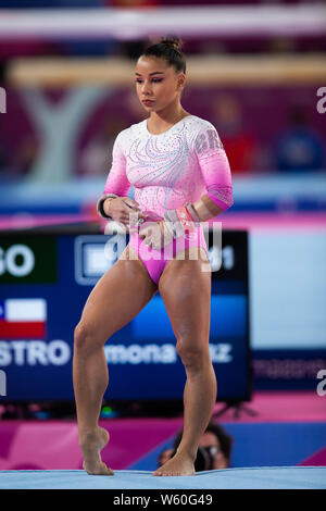 29 juillet 2019 : Flavia Saraiva (# 12) du Brésil au cours de la Pan American Games gymnastique artistique de toutes les femmes autour de finale à Jose Carlos Villa el Salvador à Lima, Pérou Daniel Lea/CSM Banque D'Images