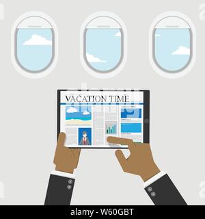 L'utilisation d'affaires digital tablet pour lire le contenu de vacances voyage d'informations,avion fenêtre avec vue sur le ciel à l'arrière-plan. vector illustr Illustration de Vecteur