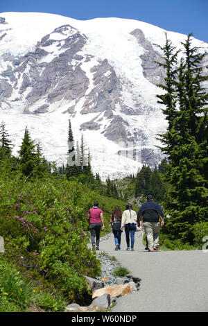 Randonneurs sur le sentier au-dessus du paradis avec la montagne en arrière-plan, le Mont Rainier National Park, Washington Banque D'Images