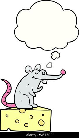 Souris cartoon assis sur fromage avec bulle pensée Illustration de Vecteur