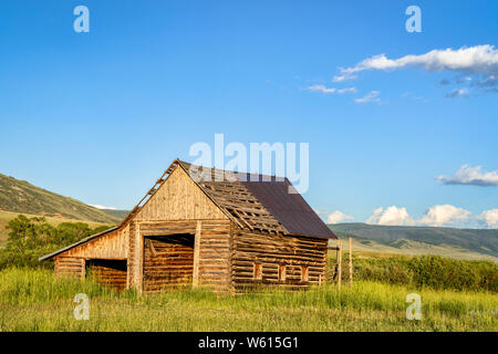 Ancienne, rustique, log barn dans les Montagnes Rocheuses du Colorado Banque D'Images