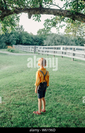 Peu preschool Caucasian boy in yellow shirt et jeans short avec bretelles seule dans park country-side village sur le coucher du soleil d'été. Voir bof Banque D'Images