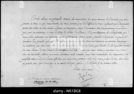 Annonce de la naissance du fils de Napoléon, le Roi de Rome ; les notes générales : pièce historique : American Originals, Décembre 1997 - décembre 1998, Archives nationales Rotunda, Washington, DC, pièce no 624,0241. Banque D'Images