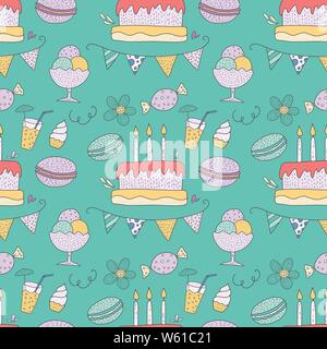 Vecteur d'anniversaire modèle transparent avec partie des bonbons. Accueil mignon illustration avec des gâteaux, des bougies, des macarons et des drapeaux. Illustration de Vecteur