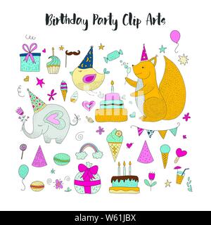Grand ensemble d'anniversaire vector clip arts. mignon animaux dessinés à la main et les éléments de dessin animé. Illustration de Vecteur