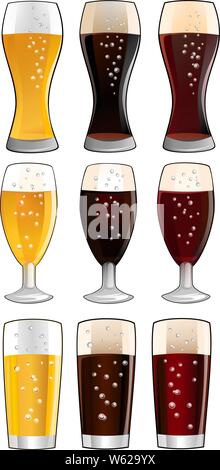 Ensemble de verres avec différentes bières et ale Illustration de Vecteur