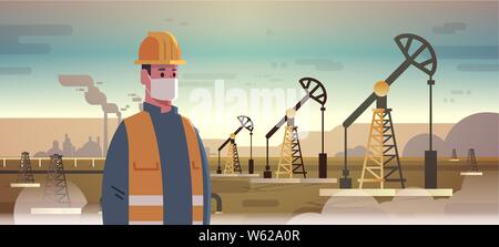 Ingénieur en travailleur mâle raffinerie masque travaillant sur l'énergie de la pompe à huile rig de forage de la zone industrielle de la production de combustibles fossiles pollution nature concept Illustration de Vecteur