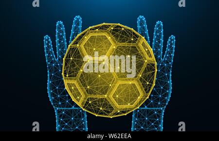 Les mains et le ballon de soccer faible conception poly, football, jeu de sport dans le style polygonal, prise ou lancer la balle wireframe vector illustration faite d'un point Illustration de Vecteur