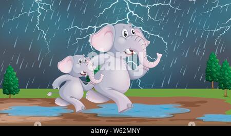 Les éléphants dans la nature illustration scène de tempête Illustration de Vecteur