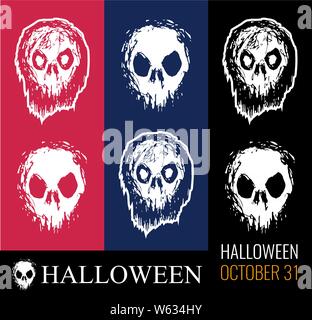 Des illustrations vectorielles pour l'Halloween, zombie creepy tête, crâne blanc sur rouge, bleu foncé et noir isolé. D'excellentes illustrations pour pri Illustration de Vecteur