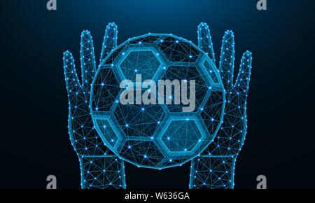 Les mains et le ballon de soccer faible conception poly, football, jeu de sport dans le style polygonal, prise ou lancer la balle wireframe vector illustration faite d'un point Illustration de Vecteur