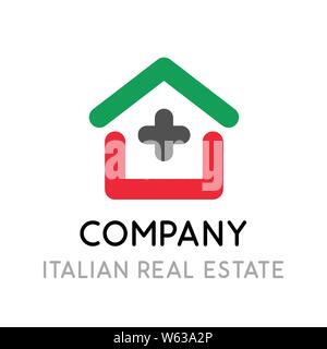 Logo pour entreprise d'Immobilier en Italie. Illustration de l'emblème de la création maison avec dessins au trait en couleur de style italien du drapeau national. Illustration de Vecteur