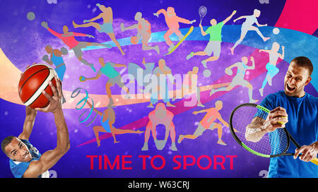 Collage créatif de drawned silhouettes de sportifs. La publicité, le sport, mode de vie sain, motion, l'activité, concept de mouvement. American football, soccer, tennis volley-ball Badminton rugby boîte Banque D'Images