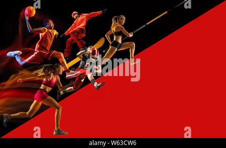 Collage créatif des sportifs en action de jeu. Fond rouge et noir. La publicité, le sport, mode de vie sain, motion, l'activité, concept de mouvement. American football, basket-ball, à la perche. Banque D'Images