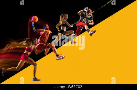 Collage créatif des sportifs en action de jeu. Fond jaune et noir. La publicité, le sport, mode de vie sain, motion, l'activité, concept de mouvement. American football, basket-ball, à la perche. Banque D'Images