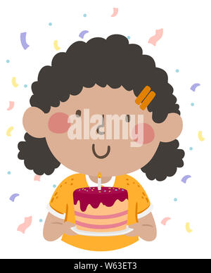 Illustration d'un Afro-américain Kid Girl Smiling, un gâteau avec bougie allumée Banque D'Images