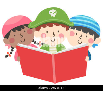 Illustration de Kids Wearing Pirate Costume Holding et la lecture d'un livre ouvert Banque D'Images