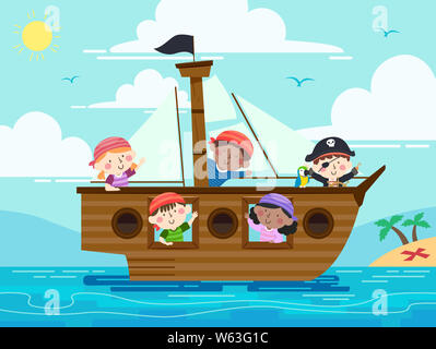 Illustration d'enfants agitant Pirate à partir d'un bateau pirate naviguant dans les mers Banque D'Images